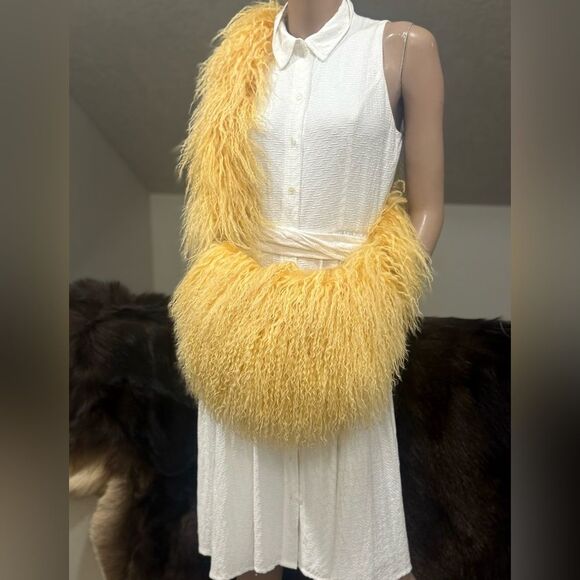Yellow Real Mongolian Lamb Fur Handmade Stylish Hobo Bag/Multi Use Style - Picture 8 of 17